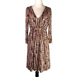 Milly of New York silk jersey long sleeve dress browns gold chain retro v-neck M
